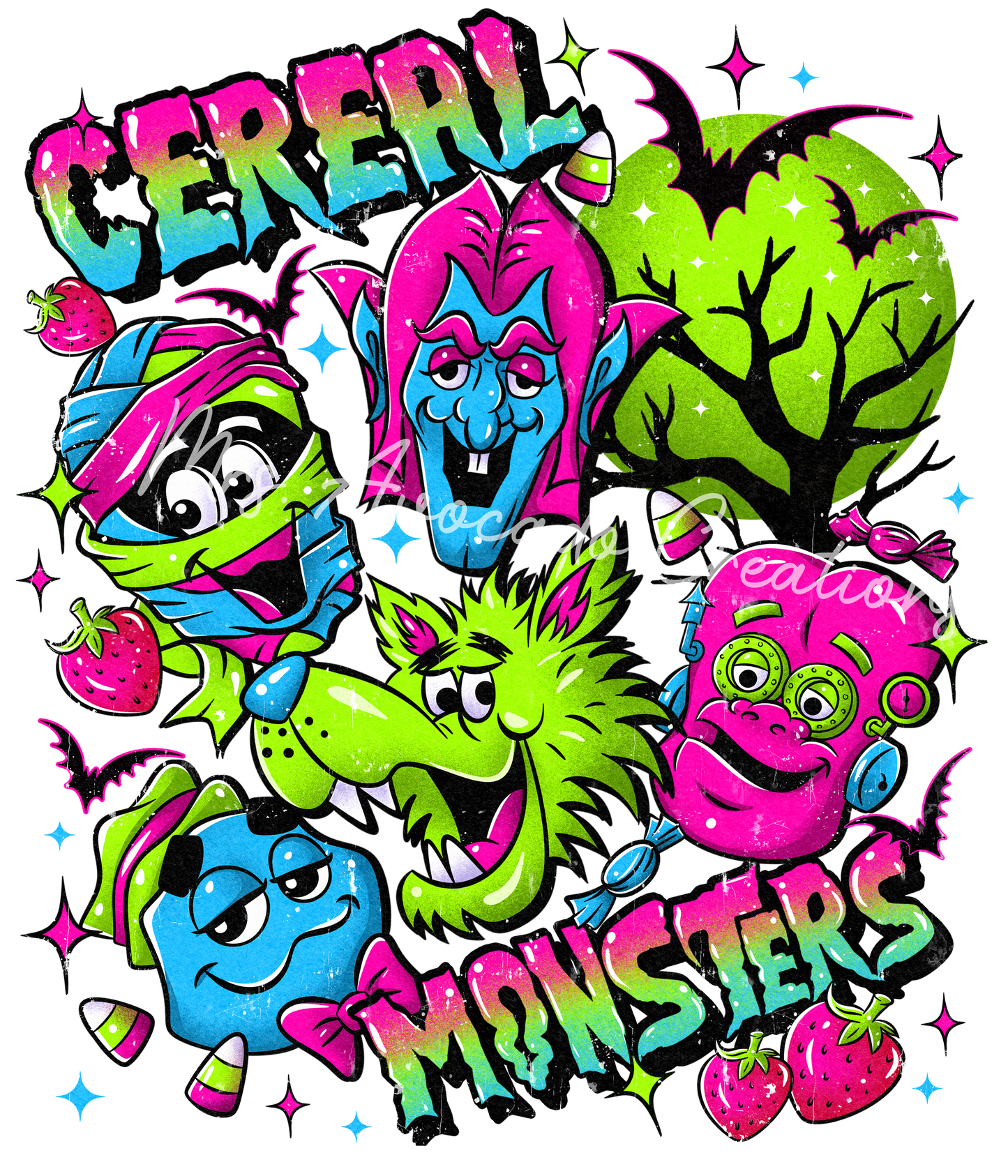 Neon cereal monsters