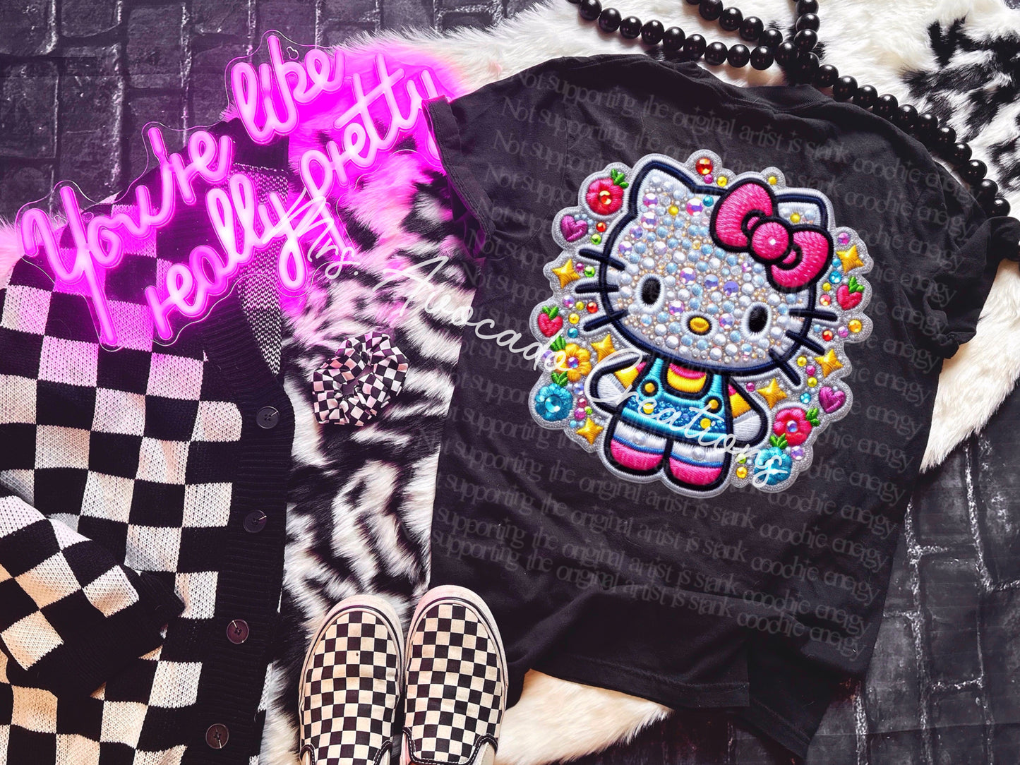 Faux embroidery colorful kitty
