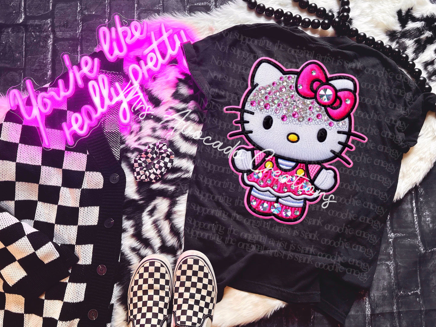Faux embroidery pink kitty