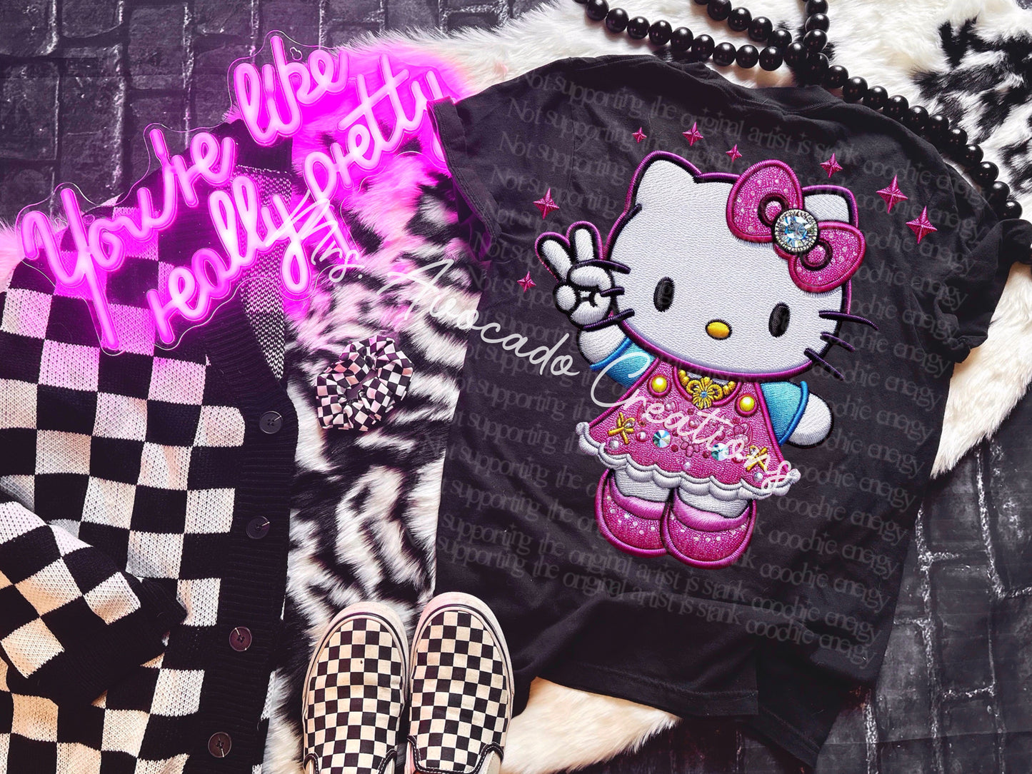 Faux embroidery kitty pink peace sign