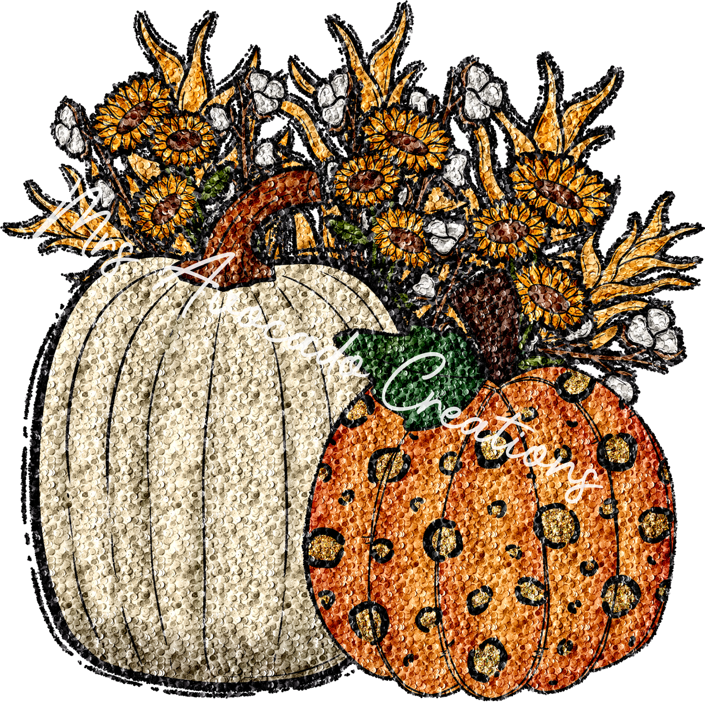 Faux sequin pumpkin and sunflowers