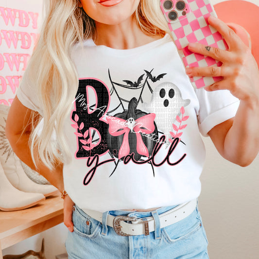 Boo y'all black pumpkin pink bow