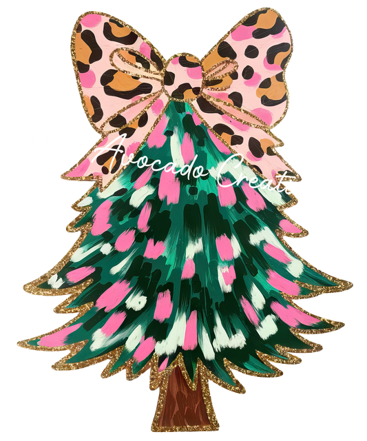 Coquette pink, mint Christmas tree leopard bow