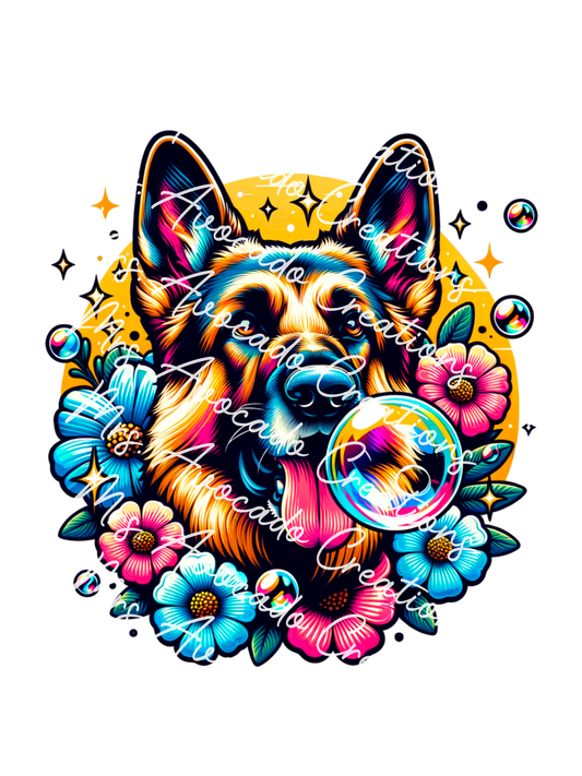 German Shepherd Blowing Bubbles
