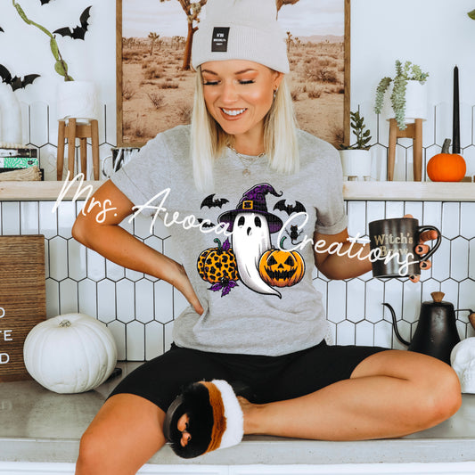 Ghost with witch hat and pumpkin