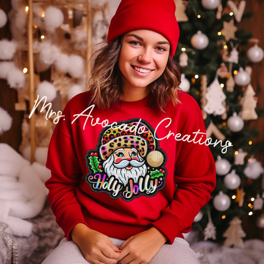 Faux embroidered Holly Jolly Santa