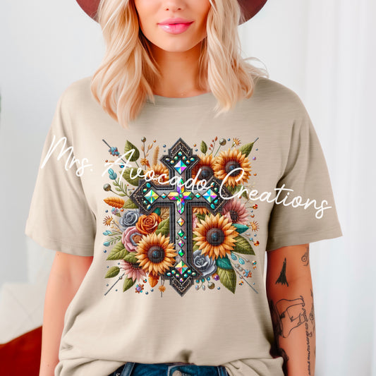 Holographic cross with sunflowers