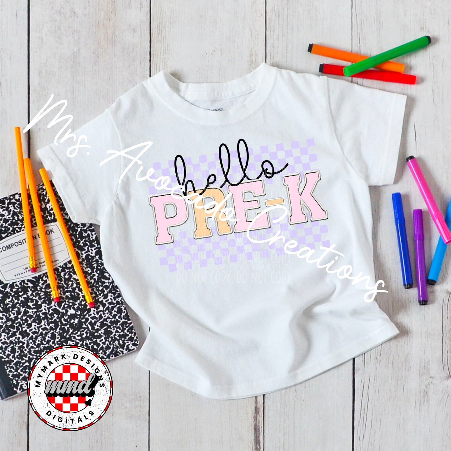 Faux embroider pink hello pre-k