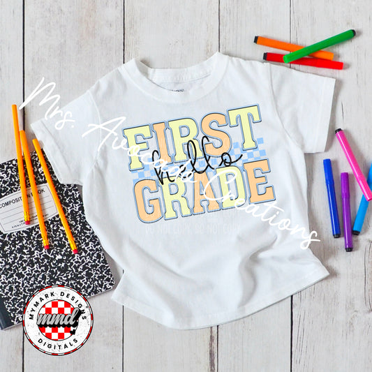 Faux embroider blue hello first grade