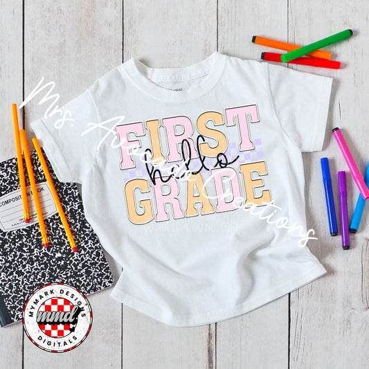 Faux embroider pink hello first grade