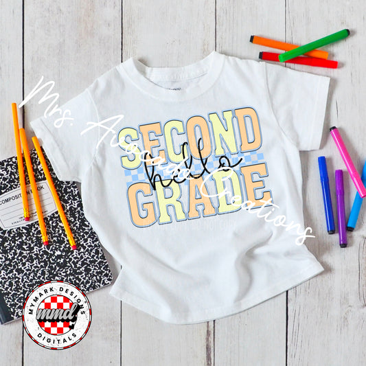 Faux embroider blue hello second grade