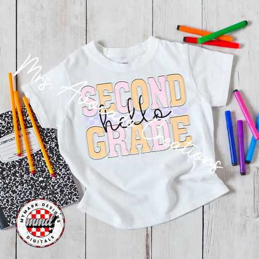 Faux embroider pink hello second grade