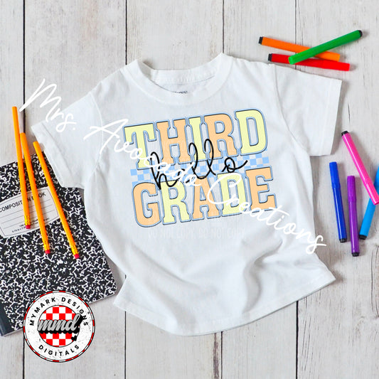 Faux embroider blue hello third grade