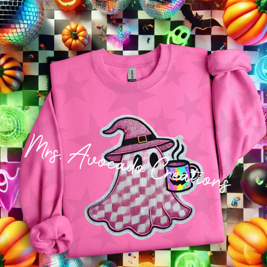 Checkered pink ghost with coffee