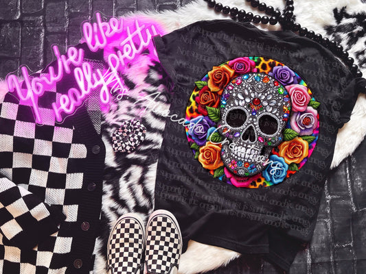 Faux embroidery leopard bling roses sugar skull