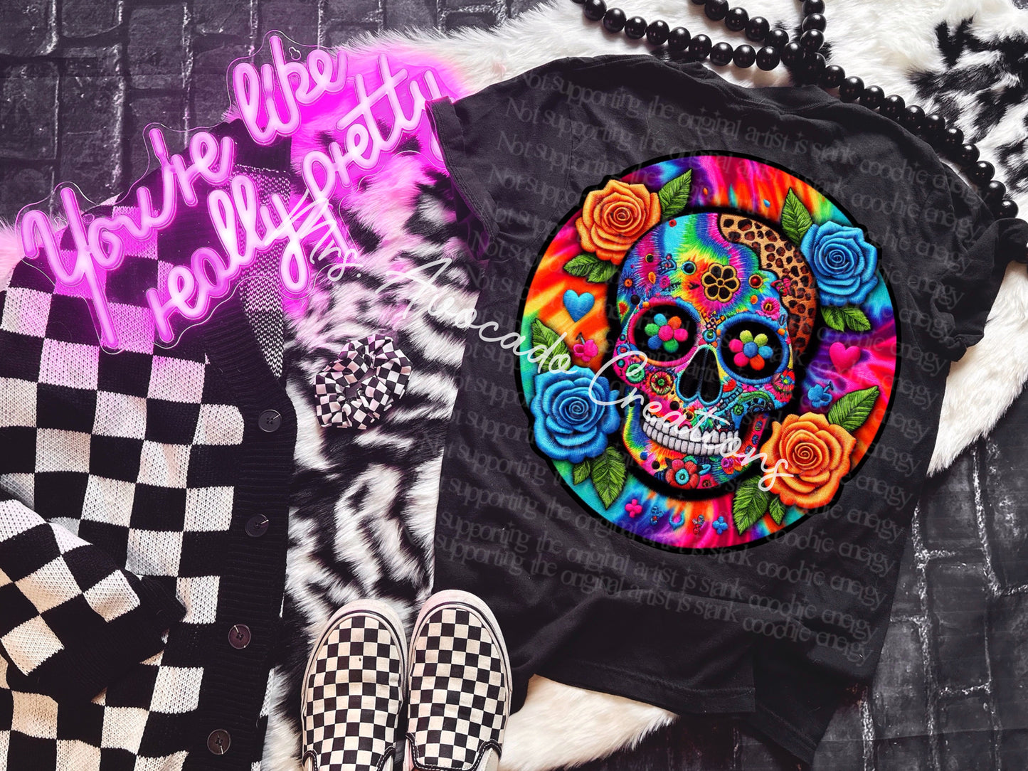 Faux embroidery tie dye sugar skull