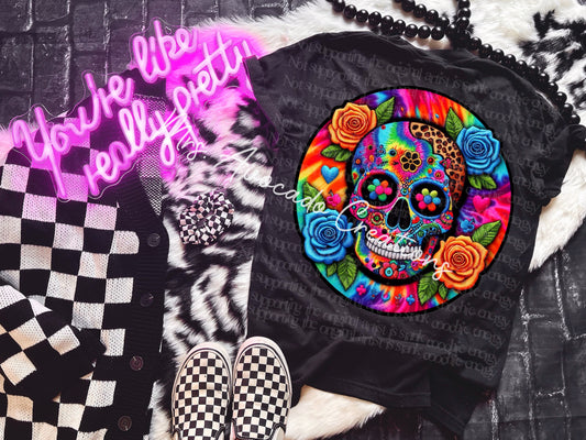 Faux embroidery tie dye sugar skull