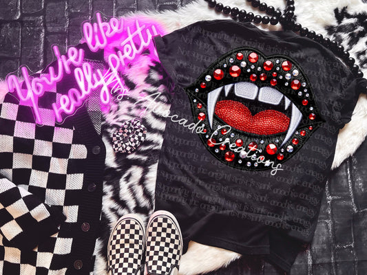 Faux embroidery dark red bling fangs