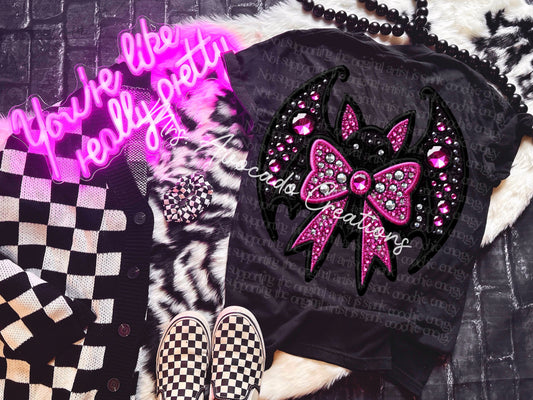 Faux embroidery pink bow bat