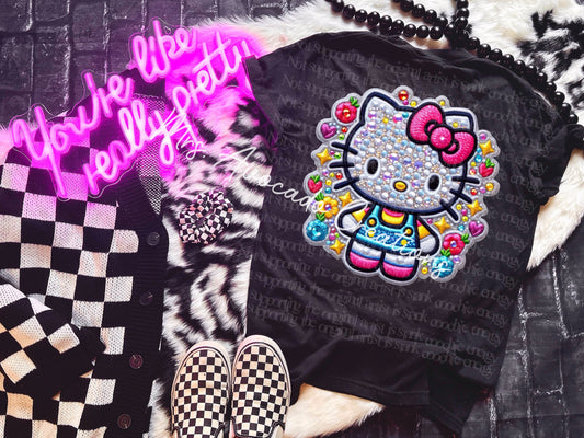 Faux embroidery colorful kitty