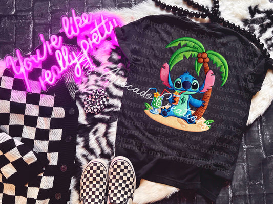 Faux embroidery blue alien palm 2 drinks