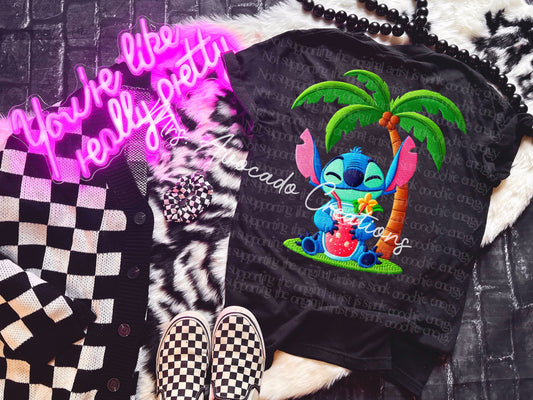 Faux embroidery blue alien palm red drink