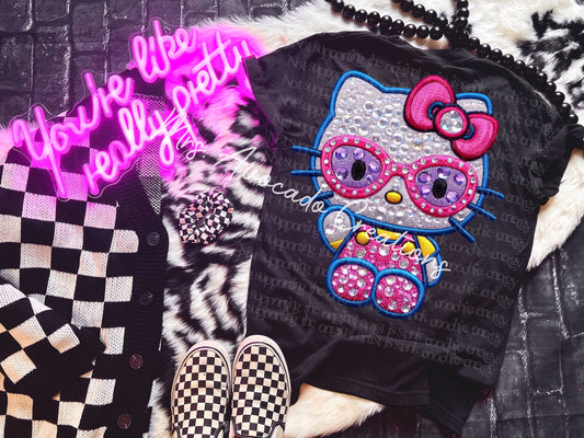 Faux embroidery kitty pink glasses