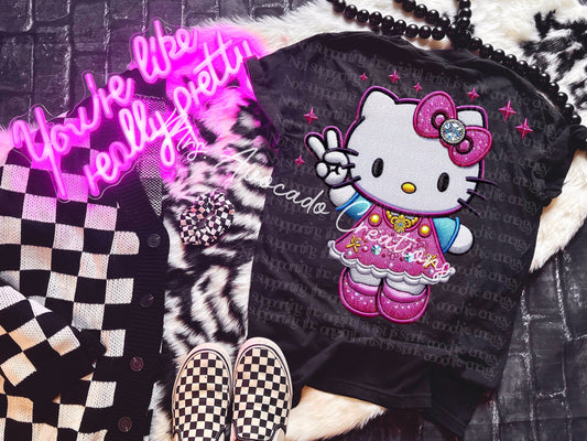 Faux embroidery kitty pink peace sign