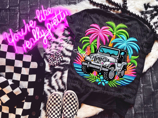 neon jeep palm trees faux embroidery