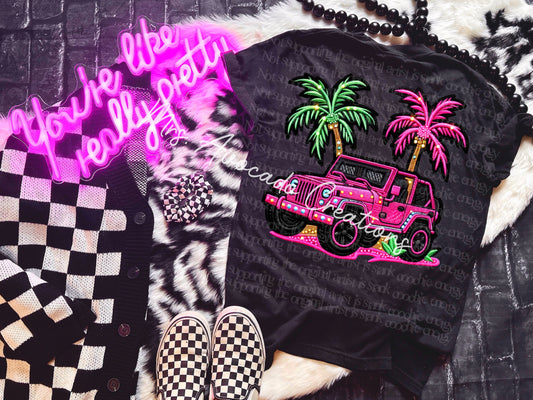 neon pink jeep faux embroidery