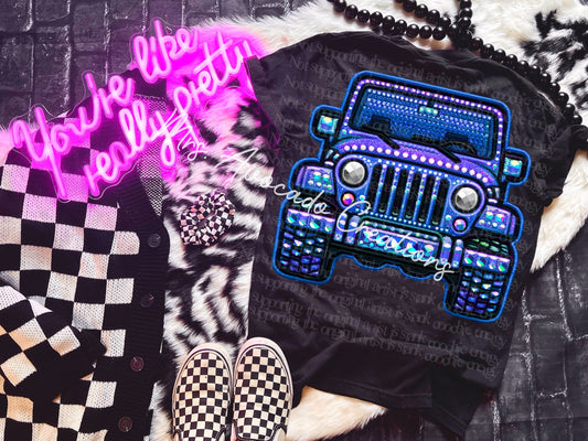 blue jeep faux embroidery