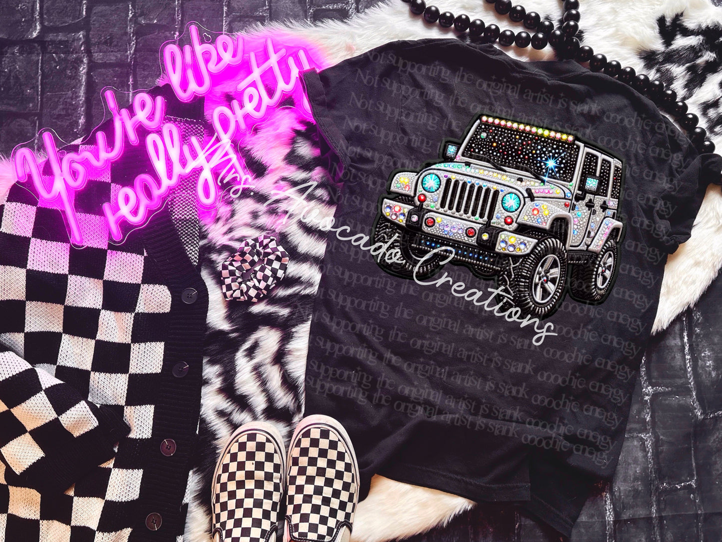 white bling jeep faux embroidery