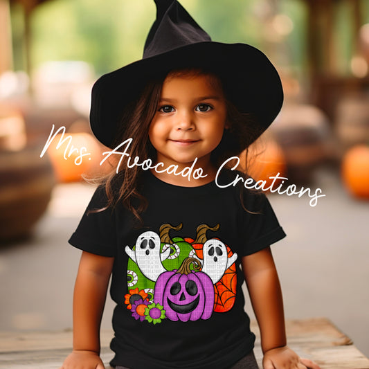Ghosts and colorful pumpkins
