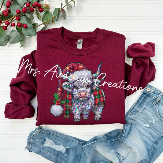 Faux rhinestone Christmas Highland Cow