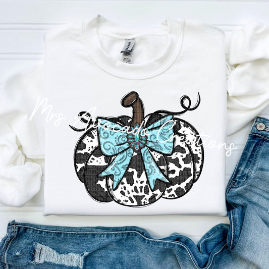 Cow print pumpkin pumpkin with turquoise bow