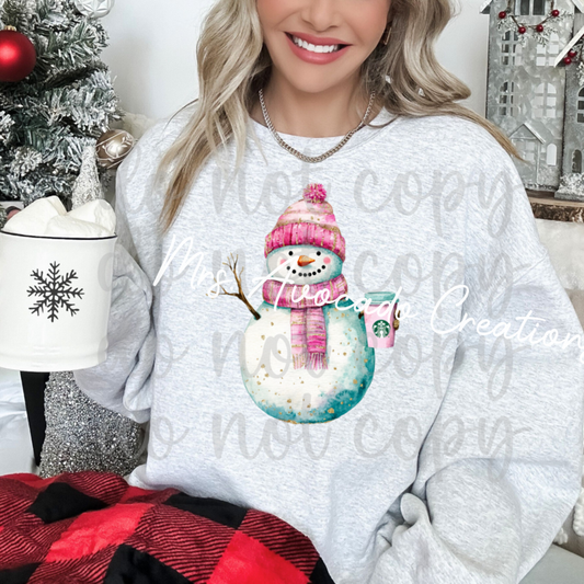 Pink beanie snowman with coffee